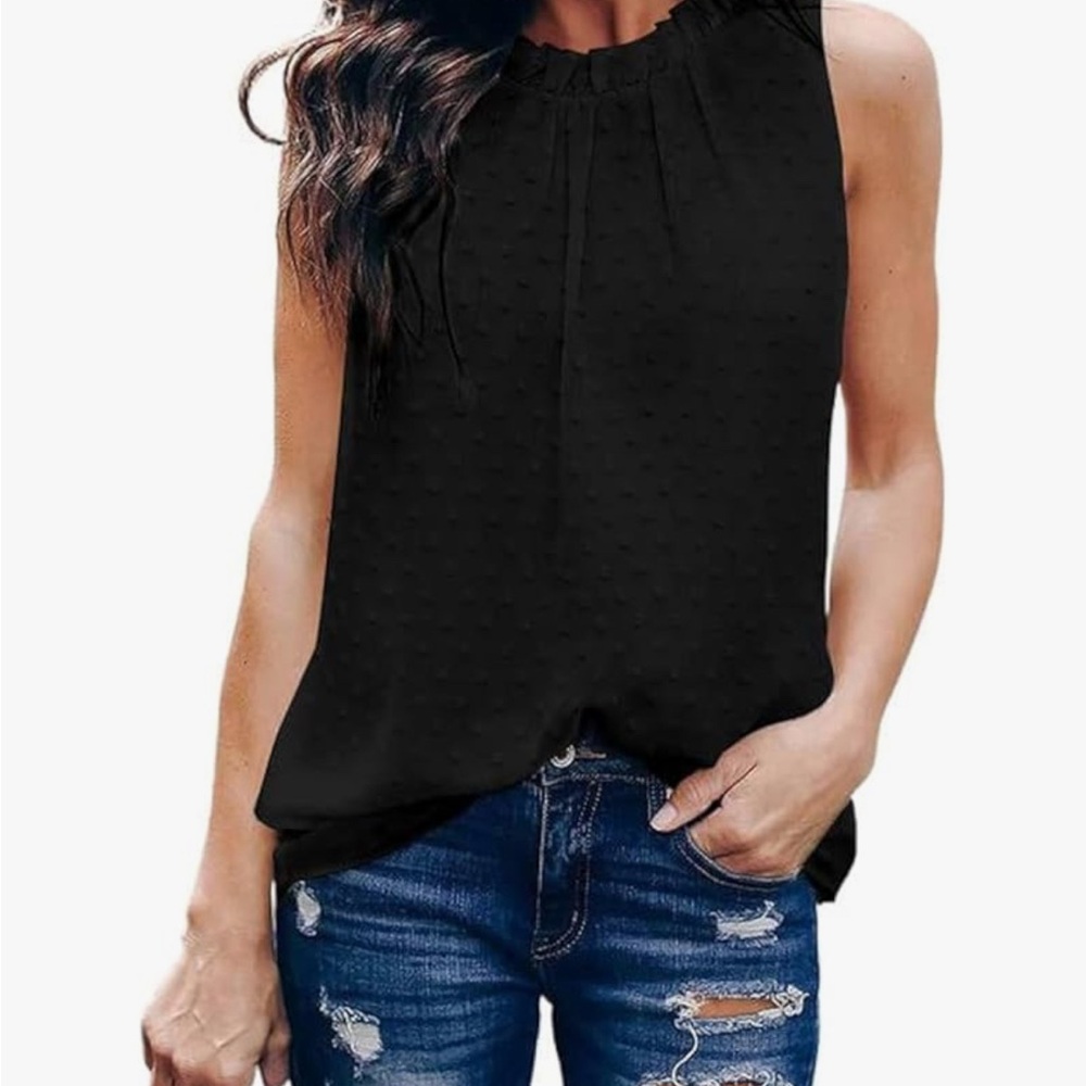 Elegant Black Sleeveless Top Lace Print Polka Dot